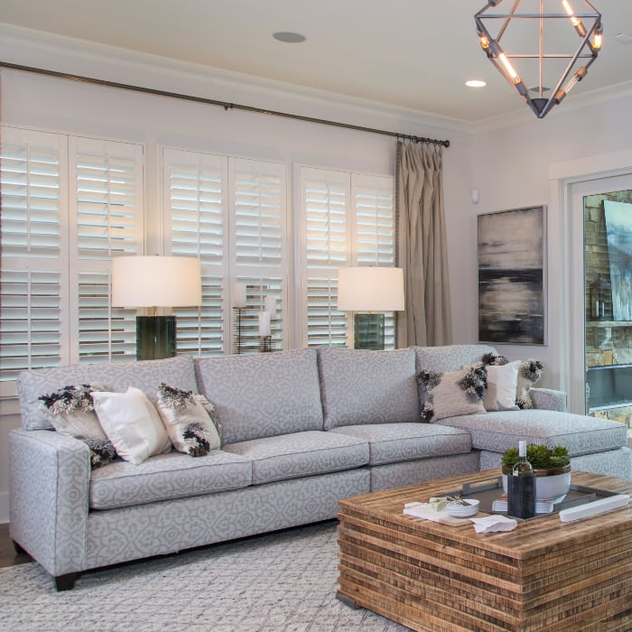 White plantation shutters in a living room