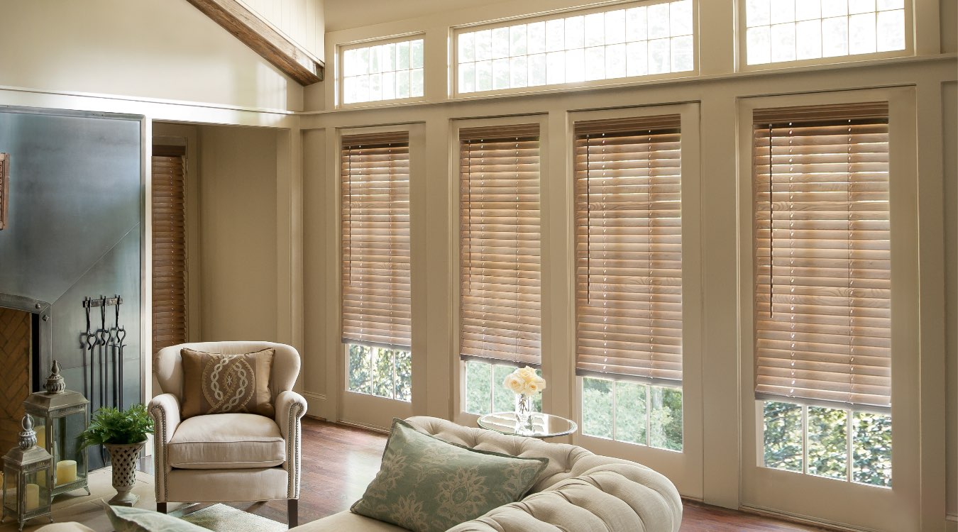 Wood blinds in living room