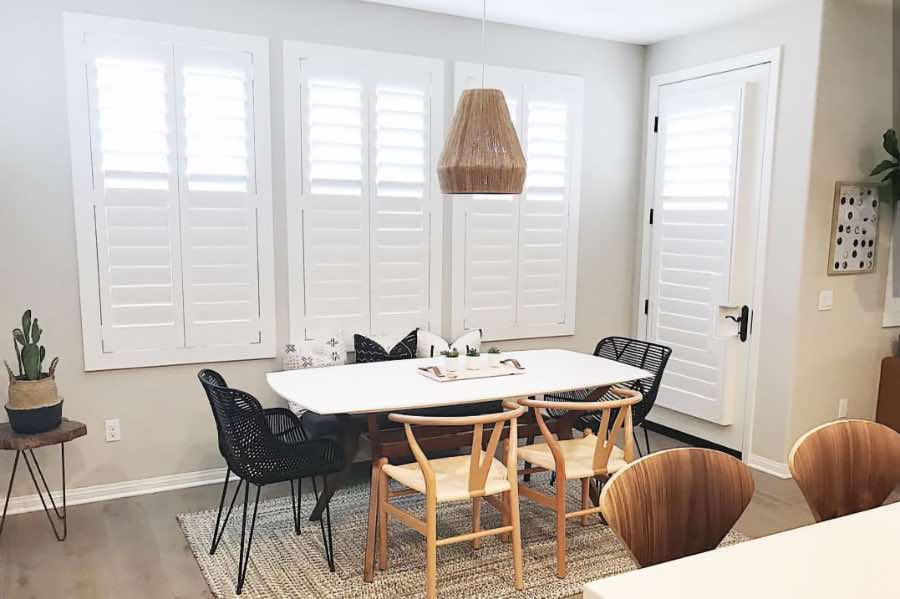 Use Polywood shutters to control natural light levels in your Atlanta dining room. Polywood shutters with top louvers tilted open in a dining room