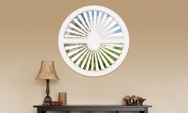 You can cover specialty shaped windows with our Polywood shutters. Circle shaped window in Atlanta
