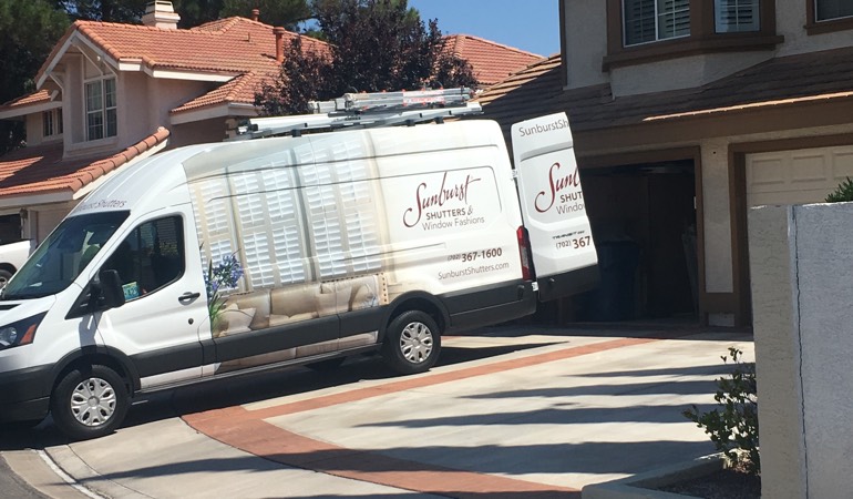 With an in-home consultation, we take the showroom to your room. Alt text: Sunburst Shutters van in customer's driveway.